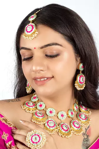 Arctic blossom gold finished embroidered necklace set for pre-bridal occasions
