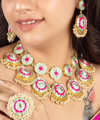 Arctic blossom gold finished embroidered necklace set for pre-bridal occasions 3