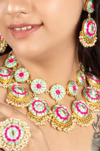 Arctic blossom gold finished embroidered necklace set for pre-bridal occasions