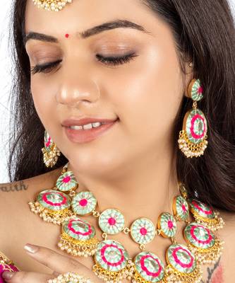 Arctic blossom gold finished embroidered necklace set for pre-bridal occasions 4