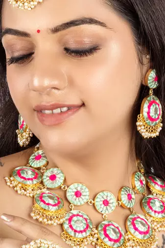 Arctic blossom gold finished embroidered necklace set for pre-bridal occasions