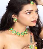 Scarlet green & lime yellow silk embroidered necklace set for celebration
