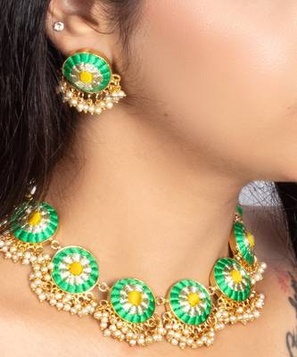 Scarlet green & lime yellow silk embroidered necklace set for celebration 5