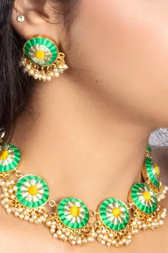 Scarlet green & lime yellow silk embroidered necklace set for celebration