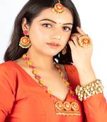 Golden daffodil mustard & pink silk thread embroidered necklace set for pre-wedding