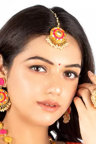 Golden daffodil mustard & pink silk thread embroidered necklace set for pre-wedding