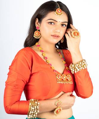 Golden daffodil mustard & pink silk thread embroidered necklace set for pre-wedding 3