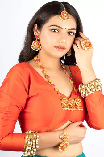 Golden daffodil mustard & pink silk thread embroidered necklace set for pre-wedding