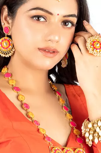 Golden daffodil mustard & pink silk thread embroidered necklace set for pre-wedding
