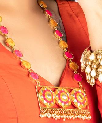 Golden daffodil mustard & pink silk thread embroidered necklace set for pre-wedding 5