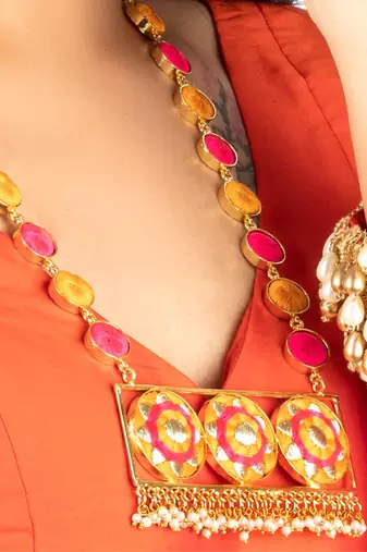 Golden daffodil mustard & pink silk thread embroidered necklace set for pre-wedding