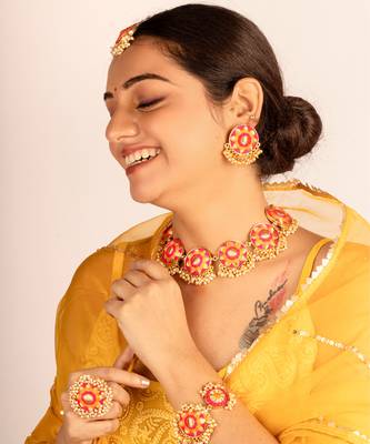 Royal radiance mustard yellow and pink embroidered necklace set 1