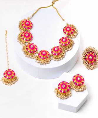 Royal radiance mustard yellow and pink embroidered necklace set 2