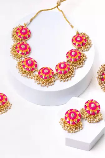 Royal radiance mustard yellow and pink embroidered necklace set