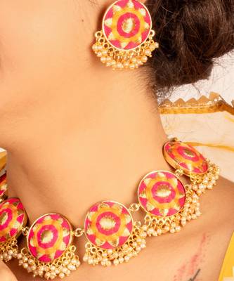 Royal radiance mustard yellow and pink embroidered necklace set 4