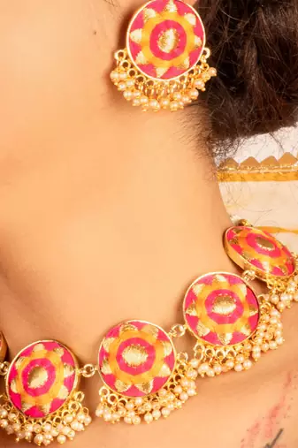 Royal radiance mustard yellow and pink embroidered necklace set