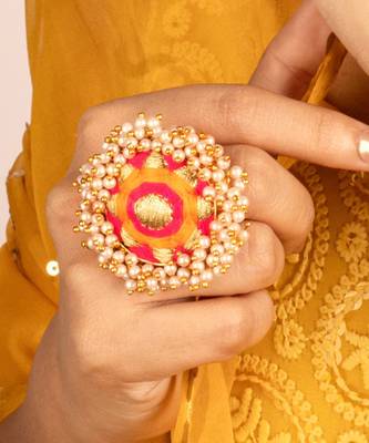 Royal radiance mustard yellow and pink embroidered necklace set 5