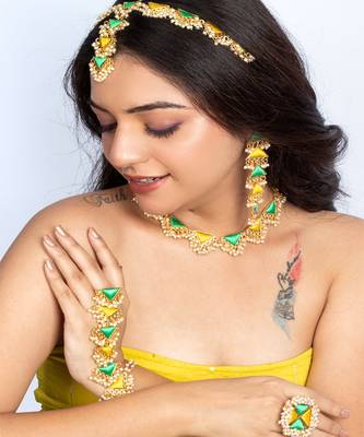 Green willow and lime yellow silk embroidered festive necklace set 2