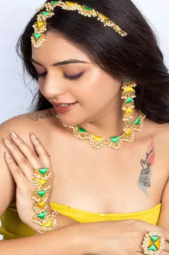 Green willow and lime yellow silk embroidered festive necklace set