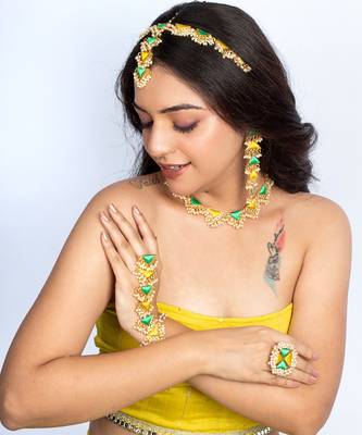 Green willow and lime yellow silk embroidered festive necklace set 1