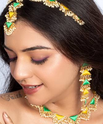 Green willow and lime yellow silk embroidered festive necklace set 5