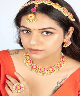 Golden marigold mustard and pink embroidered necklace set 2