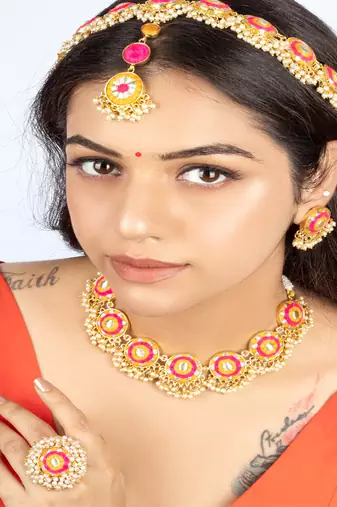 Golden marigold mustard and pink embroidered necklace set