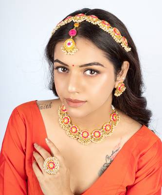 Golden marigold mustard and pink embroidered necklace set 3