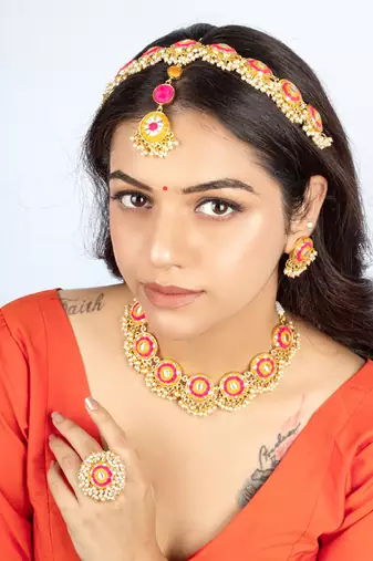 Golden marigold mustard and pink embroidered necklace set