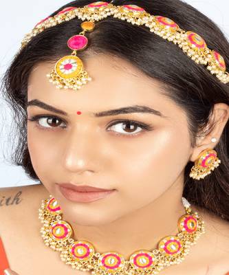 Golden marigold mustard and pink embroidered necklace set 4