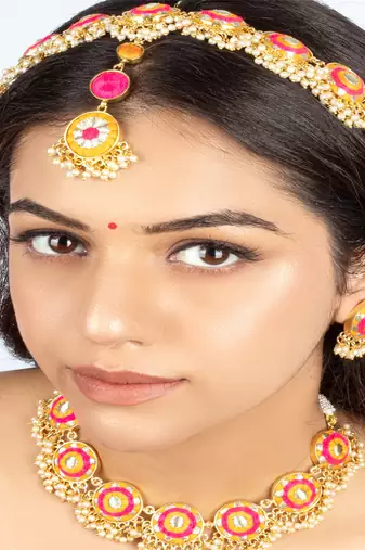 Golden marigold mustard and pink embroidered necklace set