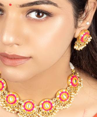 Golden marigold mustard and pink embroidered necklace set 5