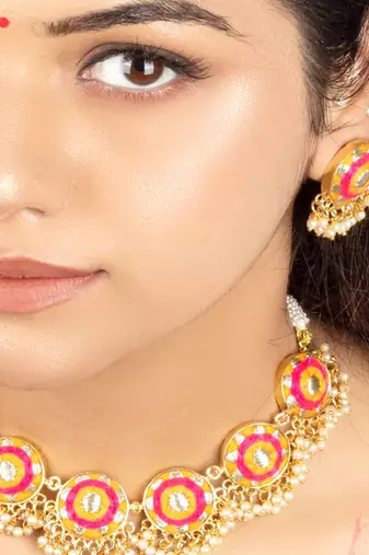 Golden marigold mustard and pink embroidered necklace set