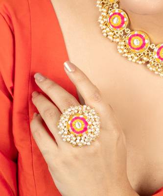 Golden marigold mustard and pink embroidered necklace set 1