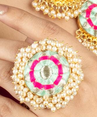 Mint blossom mint blue & hot pink silk embroidered ring 1