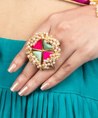 Azure mist mint blue & hot pink  silk embroidered ring 1
