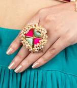 Azure mist mint blue & hot pink  silk embroidered ring