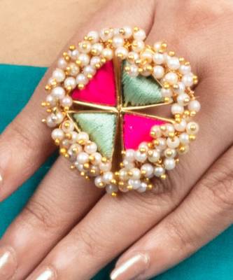 Azure mist mint blue & hot pink  silk embroidered ring 2