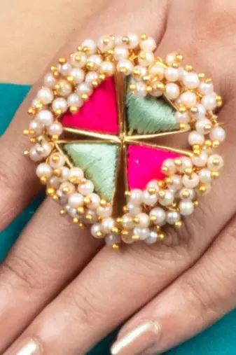 Azure mist mint blue & hot pink  silk embroidered ring
