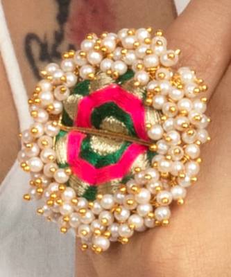 Green petal & pink silk embroidery ring 1