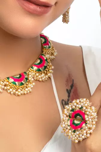 Green petal & pink silk embroidery ring