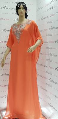 orange  Moroccan Dubai Kaftan Arabic Abaya Dress  Fancy Long Gown 1
