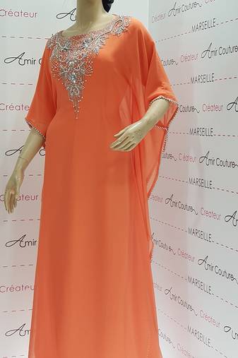 orange  Moroccan Dubai Kaftan Arabic Abaya Dress  Fancy Long Gown