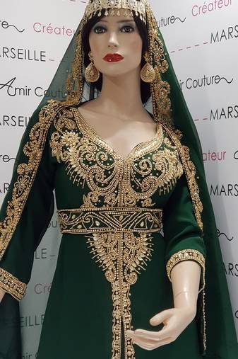 green  Moroccan Dubai Kaftan Arabic Abaya Dress  Fancy Long Gown 