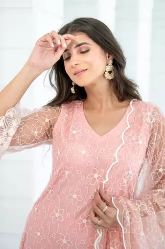 Peach pakistani thread work kurta set