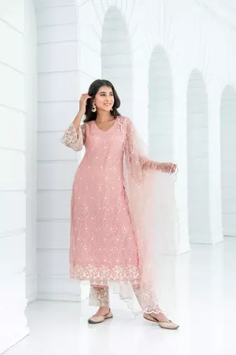 Peach pakistani thread work kurta set
