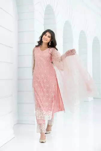 Peach pakistani thread work kurta set