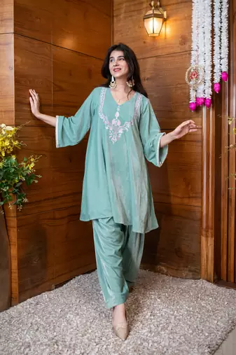 Velvet mint embroidered co-ord set