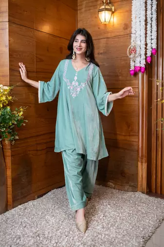 Velvet mint embroidered co-ord set