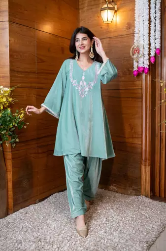 Velvet mint embroidered co-ord set
